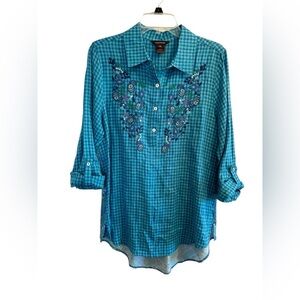 Multiples Paisley & Blue Linen Checkered Button Down Casual Blouse Womens Medium